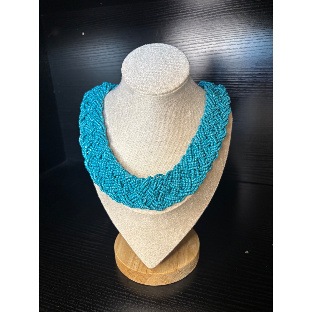 Turquoise Blue Braided Seed Bead Statement Necklace Boho Chunky Collar